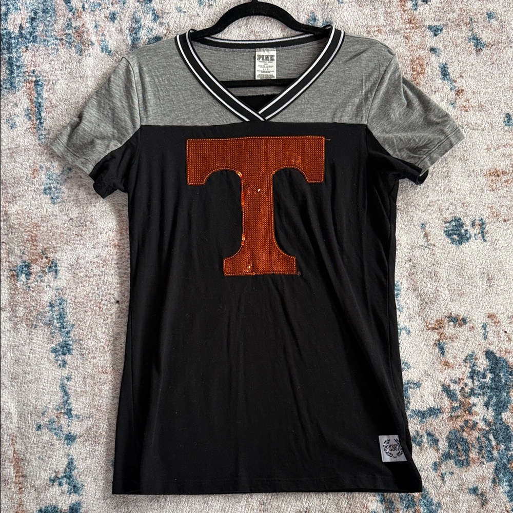 PINK Victoria's Secret Black Tee with Sequin T “Tennessee” Logo